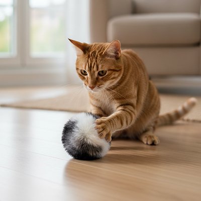 chat roux qui joue avec sa balle pour chat en peluche douce