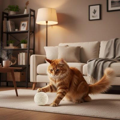 chat roux qui joue avec sa nouvelle balle chat en sisal