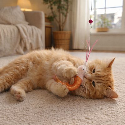 chat roux qui mordille son nouveau jouet pour chat a fil