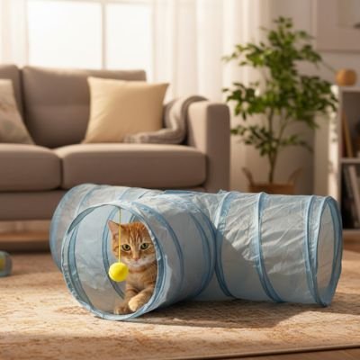 chat roux qui se cache dans son tunnel pour chat