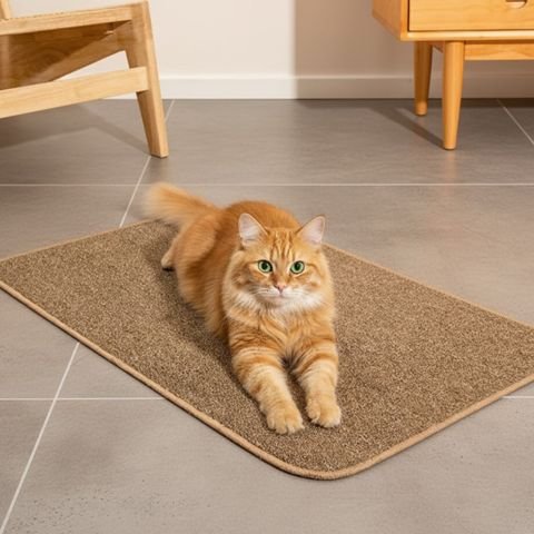 Chat roux qui setire sur le tapis griffoir chat au salon