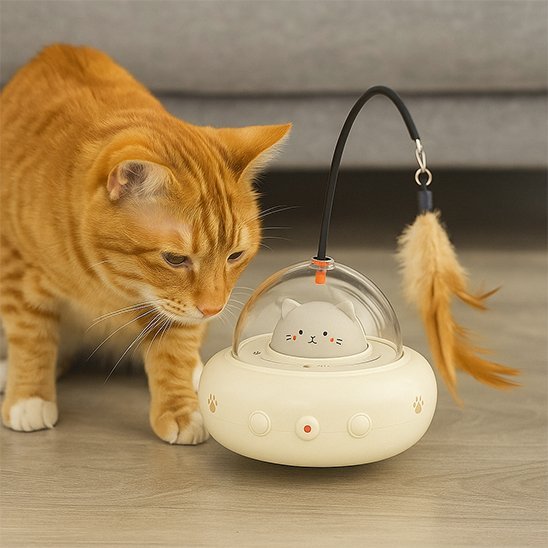 Chat roux qui va vers son nouveau jouet pour chat interactif blanc