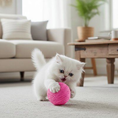 chaton blanc qui court apres sa balle chat rose au salon
