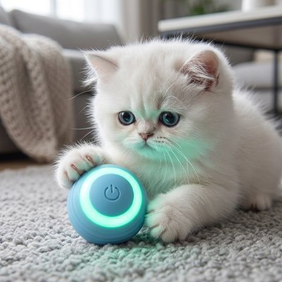 chaton blanc qui pose ses pattes sur la balle interactive chat