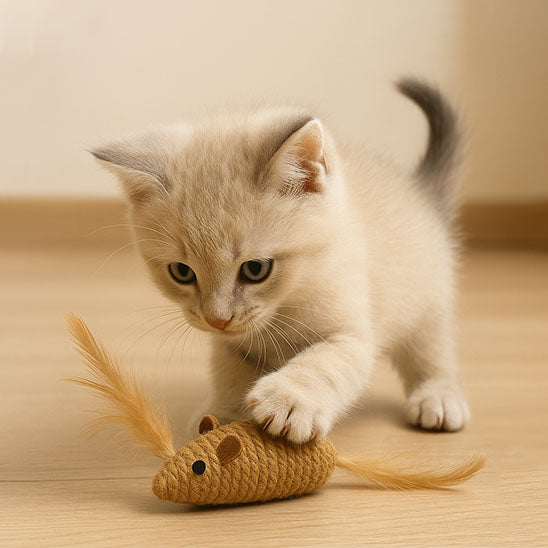 chaton decouvrant son jouet pour chat souris en corde