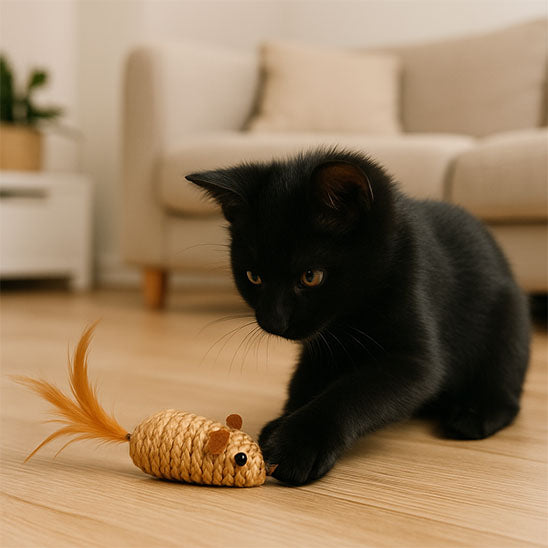 chaton noir posant ses griffes sur le jouet pour chat