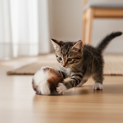 chaton qui agrippe sa nouvelle balle pour chat