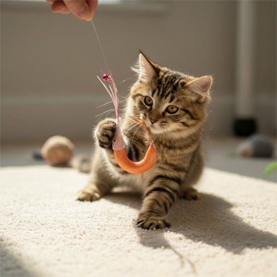 chaton qui decouvre son nouveau jouet pour chat crevette