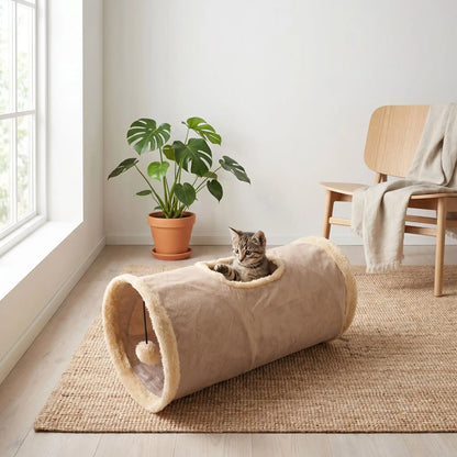 chaton qui decouvre son nouveau tunnel chat en peluche