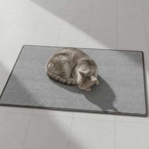 Chaton qui dort sur le nouveau tapis griffoir chat