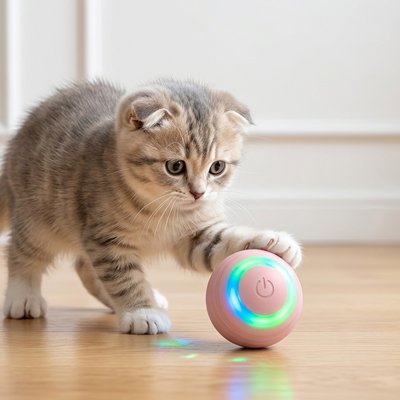 chaton qui suit la lumiere de sa balle interactive chat rose