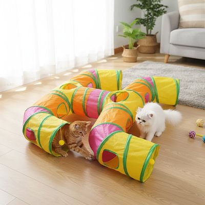 chats en pleine aventure dans leur parcours geant grace a leur tunnel chat