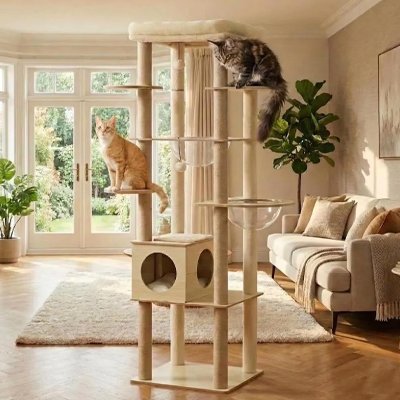 chats installes sur leur arbre a chat en bois