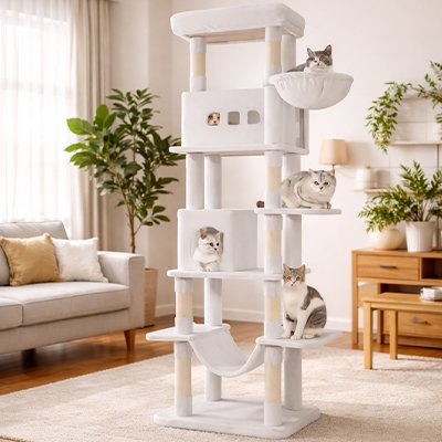 chats installes sur leur nouvel arbre a chat xxl blanc