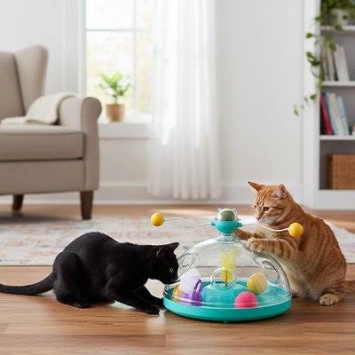chats noir et roux qui font tourner leur jouet pour chat 