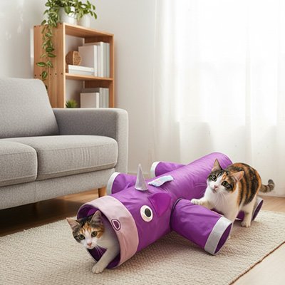 chats qui deouvrent ensemble leur nouveau tunnel pour chat licorne
