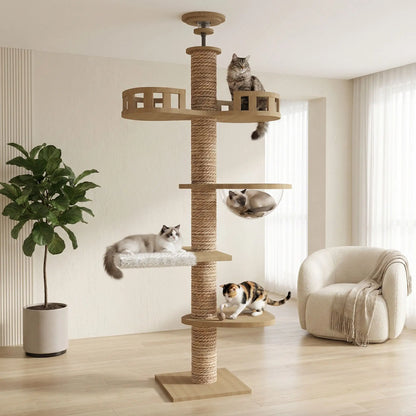 chats qui decouvrent leur nouvel arbre a chat bois du sol au plafond
