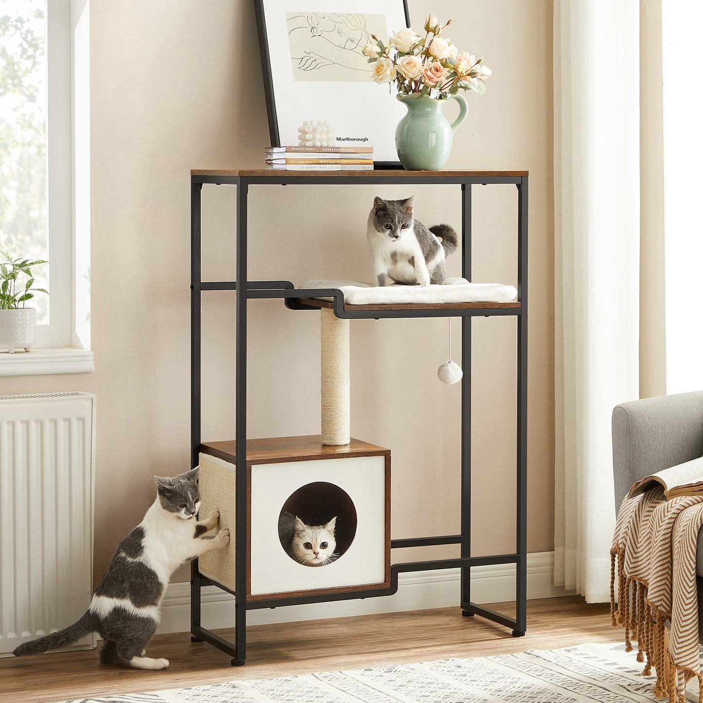 chats-qui-decouvrent-leur-nouvel-arbre-a-chat-console