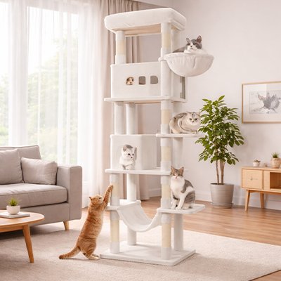 chats qui decouvrent un arbre a chat xxl dans leur salon