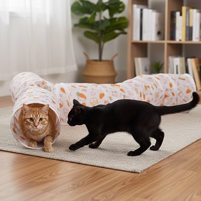 chats qui jouent au salon grace a leur tunnel chat a motifs