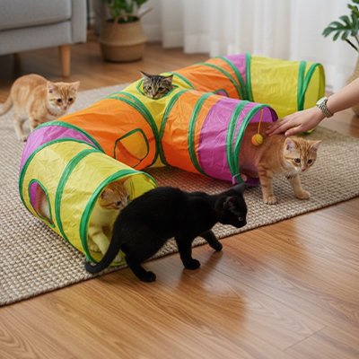chats qui jouent ensemble dans leur nouveau tunnel chat