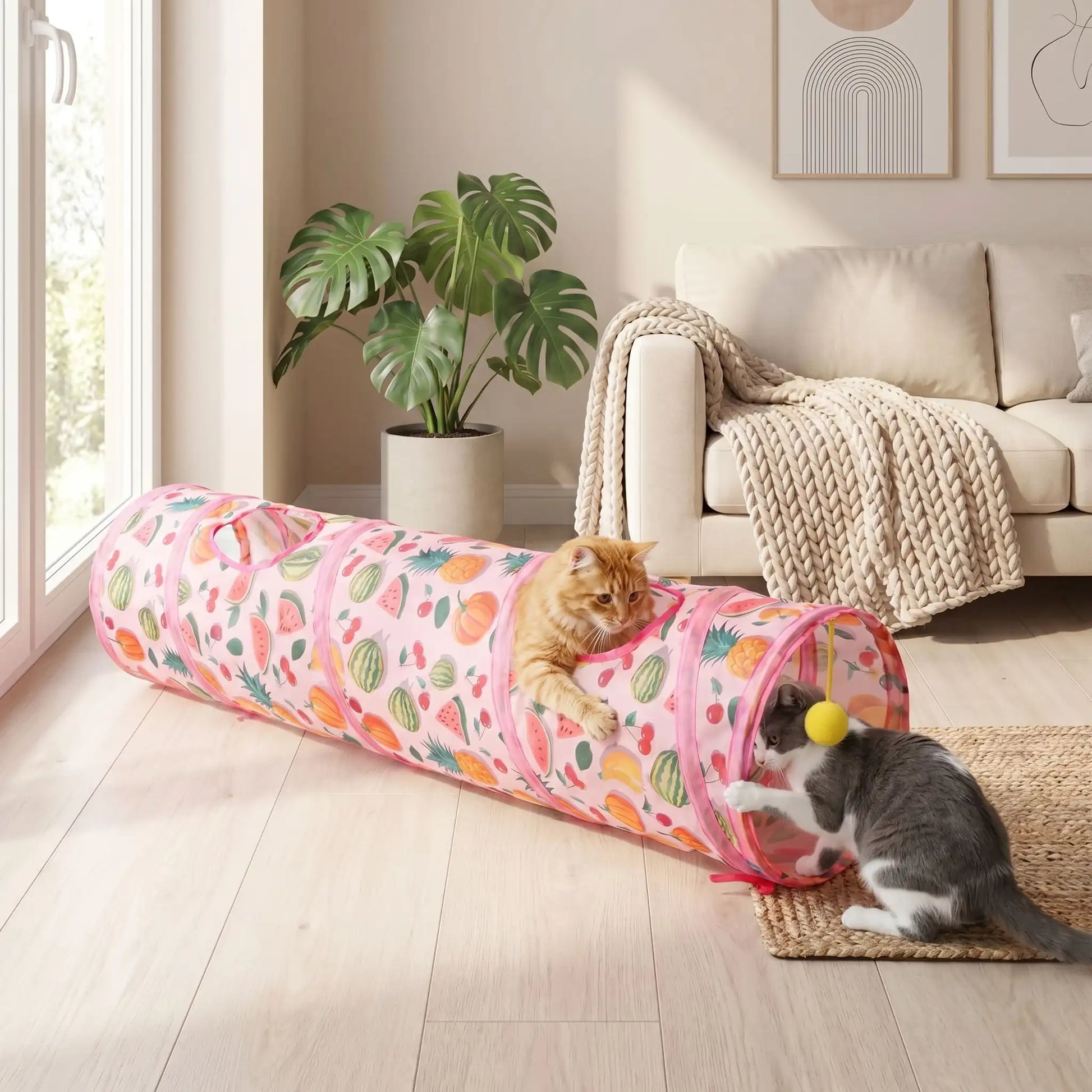 chats qui jouent ensemble dans leur tunnel chat au salon