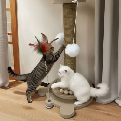 Chats qui jouent ensemble grace a leur nouveau griffoir pour chat
