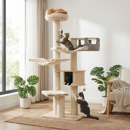 chats qui jouent sur leur arbre a chat bois xxl