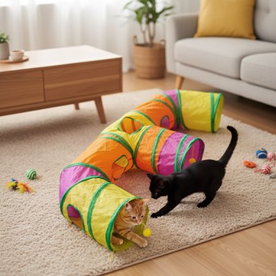 chats qui s amuse grace au tunnel chat en forme de e