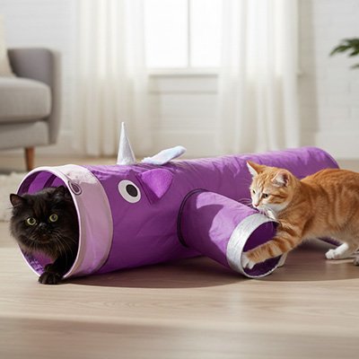 chats qui s amusent dans leur maison avec le tunnel pour chat violet