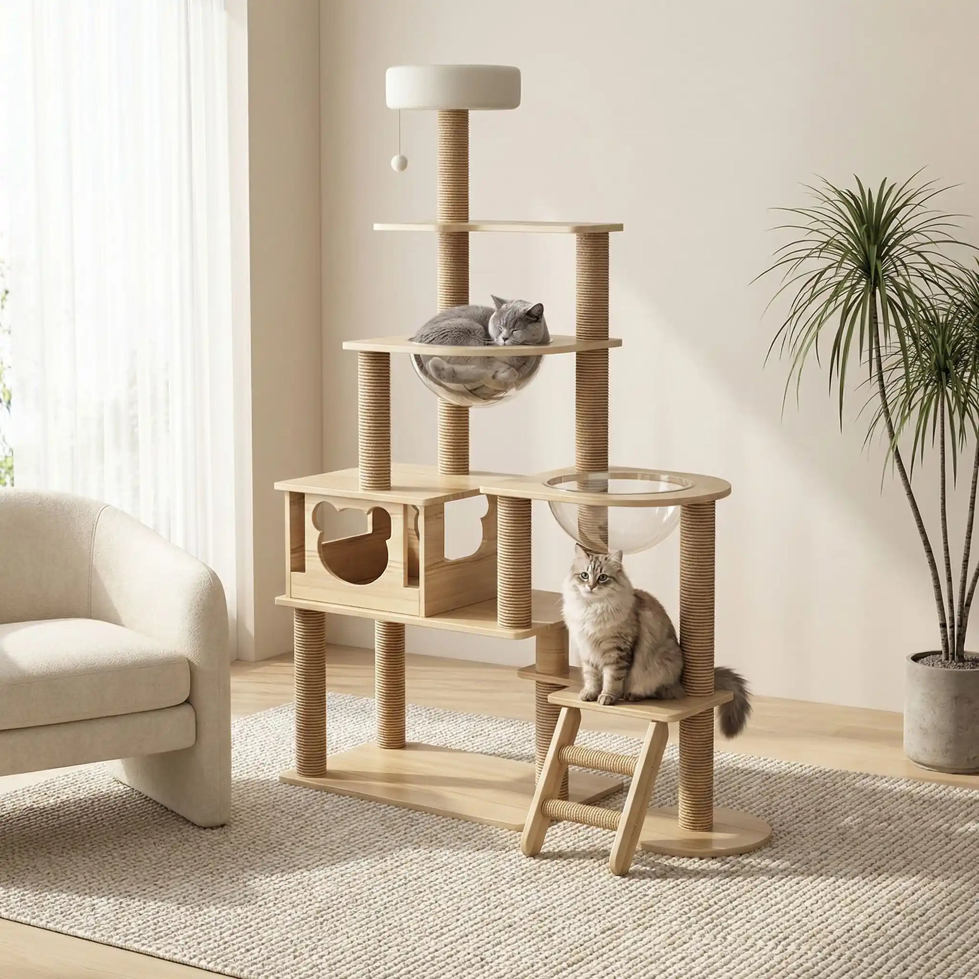 chats qui se reposent dans leur nouvel arbre a chat en bois elegant