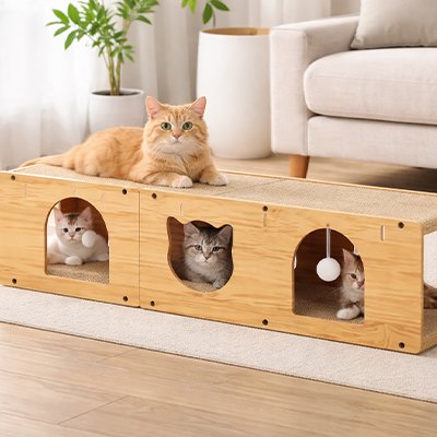 chats qui se reposent sur le griffoir chat en bamboo