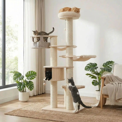 chats qui se reposent sur leur nouvel arbre a chat bois xxl