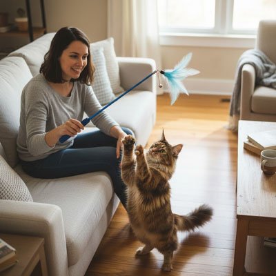 dame qui joue avec son chat assise sur son canape grace au jeu pour chat