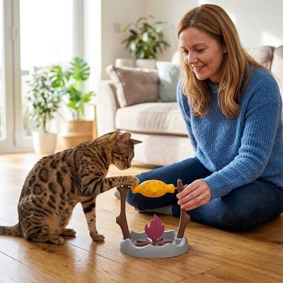 dame qui presente a son bengal le nouveau jouet pour chat