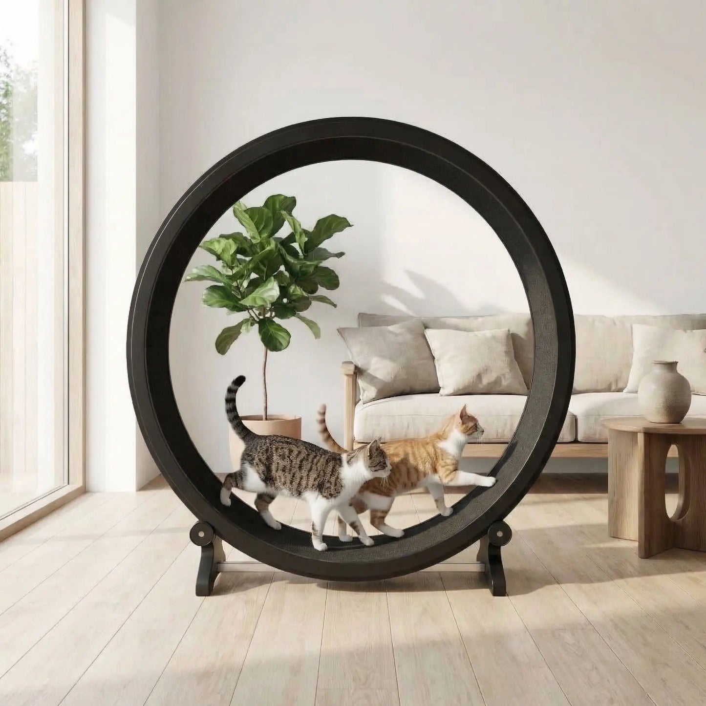 deux chats decouvrant ensemble leur roue chat pour exercice