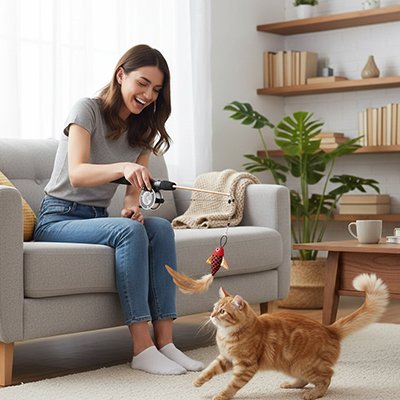femme qui divertis son chat avec son nouveau jouet pour chat