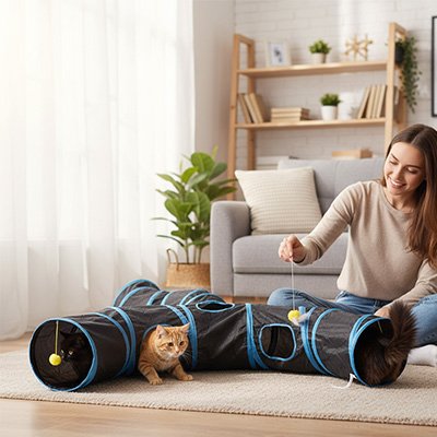 femme qui divertis son chat avec son nouveau tunnel pour chat
