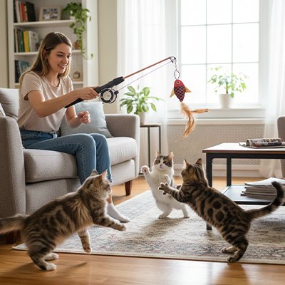 femme qui joue avec ses chats dans sa maison avec le jouet pour chat