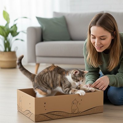 Femme qui joue avec son chat dans le griffoir chat carton
