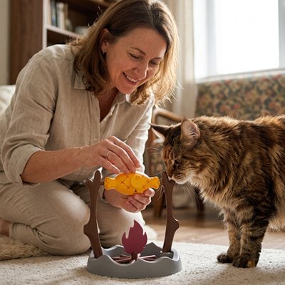 femme qui joue avec son chat grace au jouet pour chat barbecue