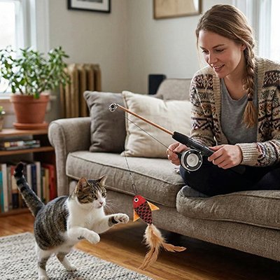 femme qui joue en etant sur son canape avec son chat grace au jouet pour chat