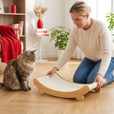 femme qui pose le nouveau griffoir chat elegant dans son salon