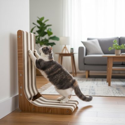 Griffoir chat en l contre le mur du salon