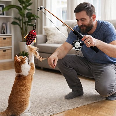 homme qui joue avec son chat roux grace a son jouet pour chat