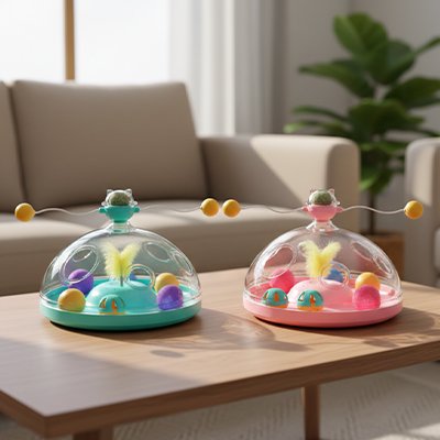 jouet pour chat rotatif turquoise et rose a balles