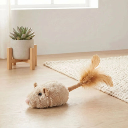 souris pour chat toute douce beige a queue en plume