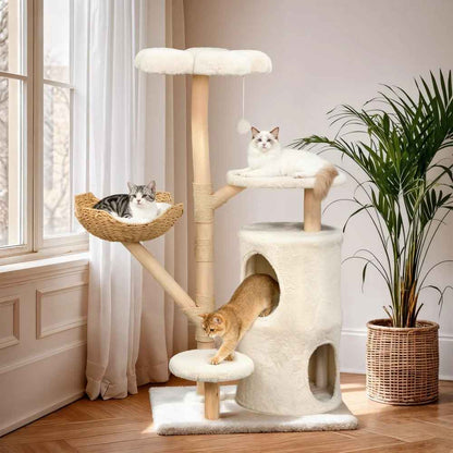 trois chats decouvrant leur nouvel arbre a chat bois