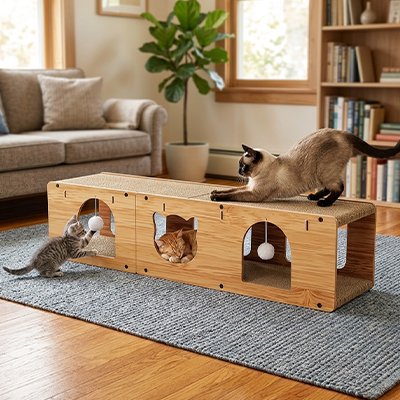 trois chats qui jouent ensemble grace a leur nouveau griffoir chat