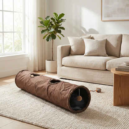 tunnel chat en suede marron avec balle suspendue au salon